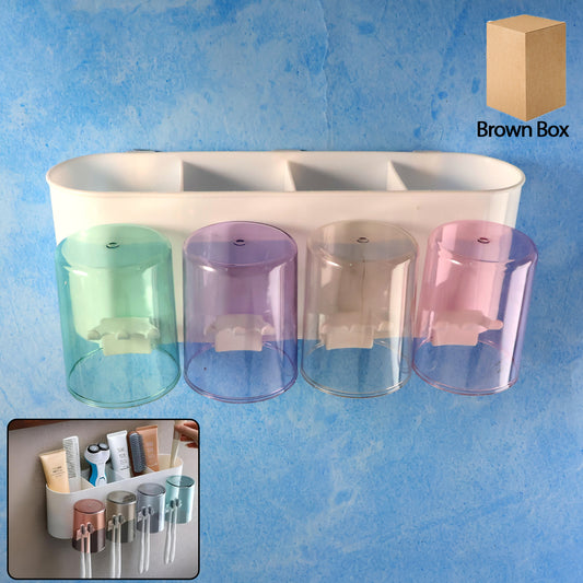Wall Mounted Toothbrush Holder Set with 4 Inverted Cups & Multi-Slot Organizer – Bathroom Toothpaste, Razor & Grooming Accessories Stand (1 Set)