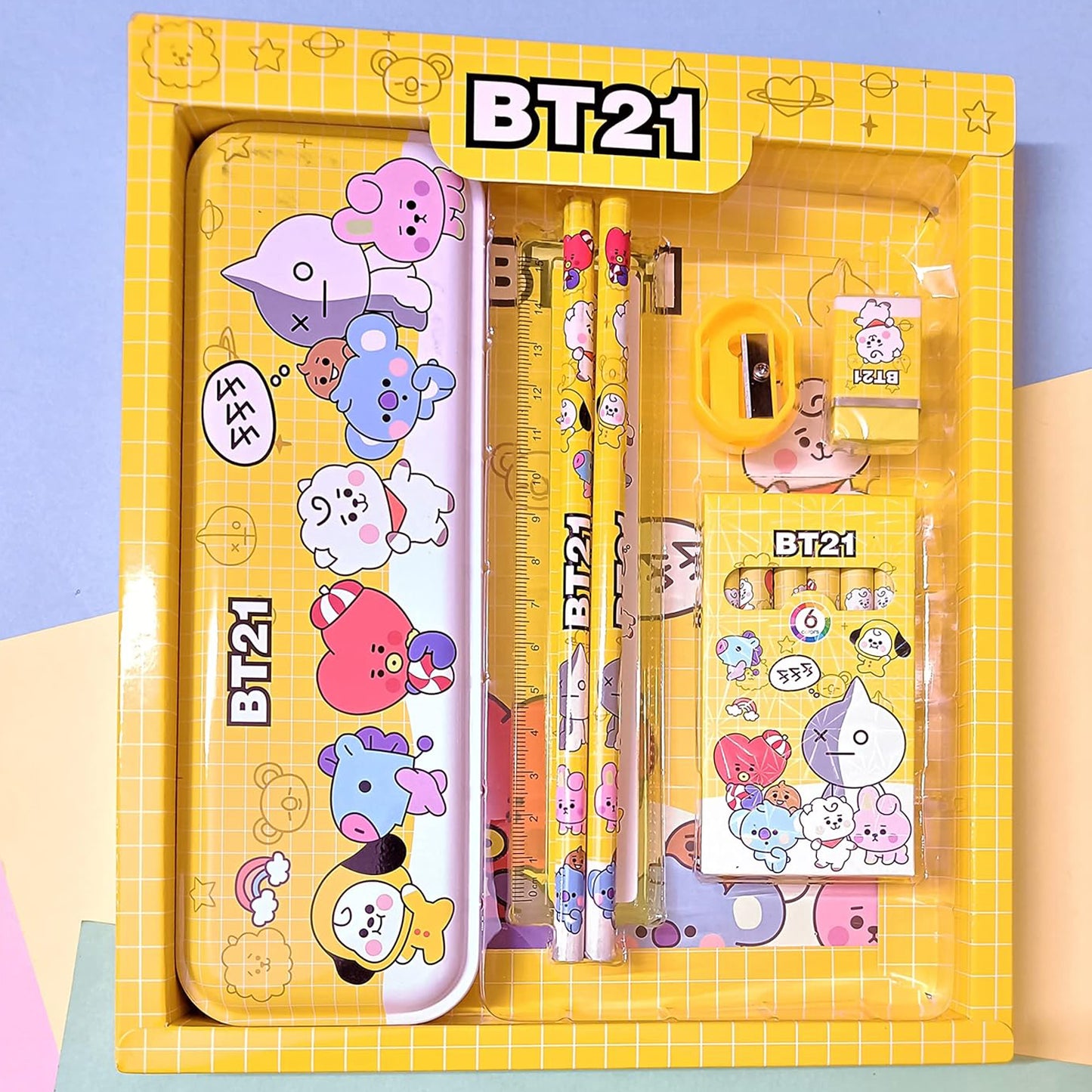 Kids Cartoon Stationery Kit with Metal Pencil Box – 12 Pieces School Supply Set with Pencils, Crayons, Scale, Sharpener and Eraser – Birthday Return Gift for Kids