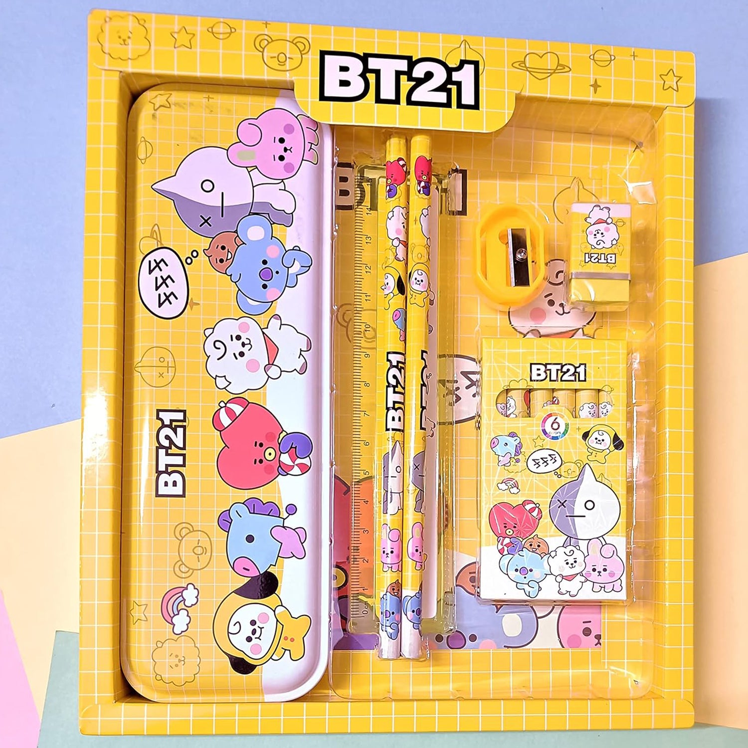Kids Cartoon Stationery Kit with Metal Pencil Box – 12 Pieces School Supply Set with Pencils, Crayons, Scale, Sharpener and Eraser – Birthday Return Gift for Kids