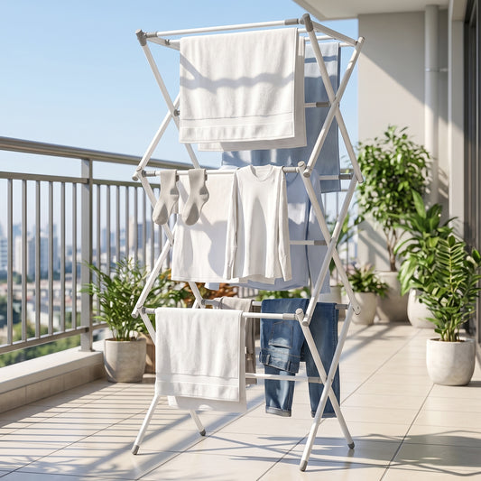 3 Tier Folding Clothes Drying Rack Foldable Metal Laundry Drying Stand with Expandable Side Wings for Balcony Indoor Outdoor Home Use (1 Set)