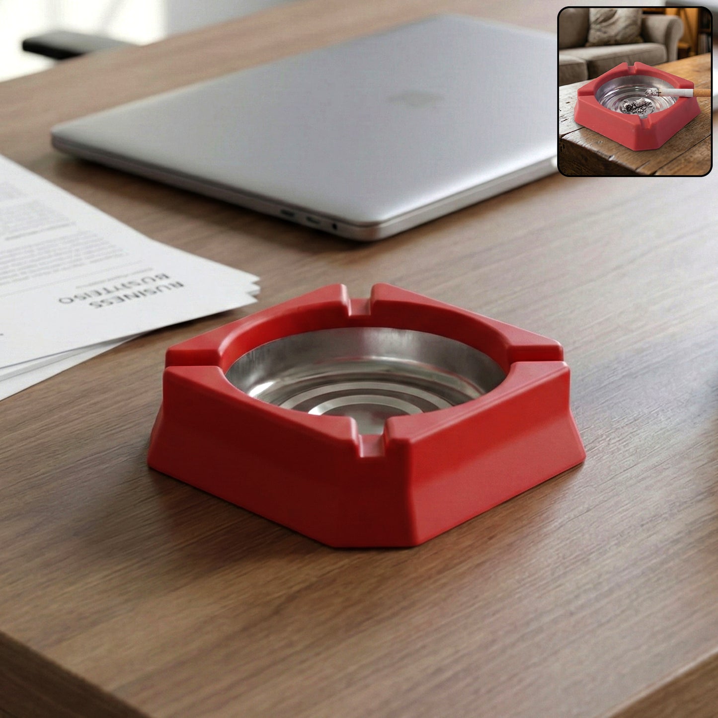 Heat-Resistant Ashtray with Stainless Steel Inner Bowl for Home, Office &amp; Tabletop Use – Durable Smoke Ash Holder with Stable Base and Easy-Clean Design