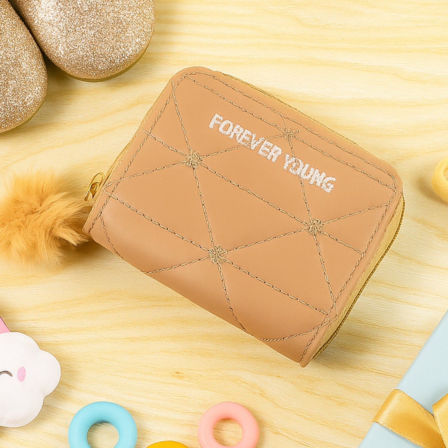 Stylish Kids Wallet with Soft Fur Zip Puller – Compact Zip Closure Purse for Girls, Daily Use, School & Gift Accessories (Forever Young Design) (1 Pc)