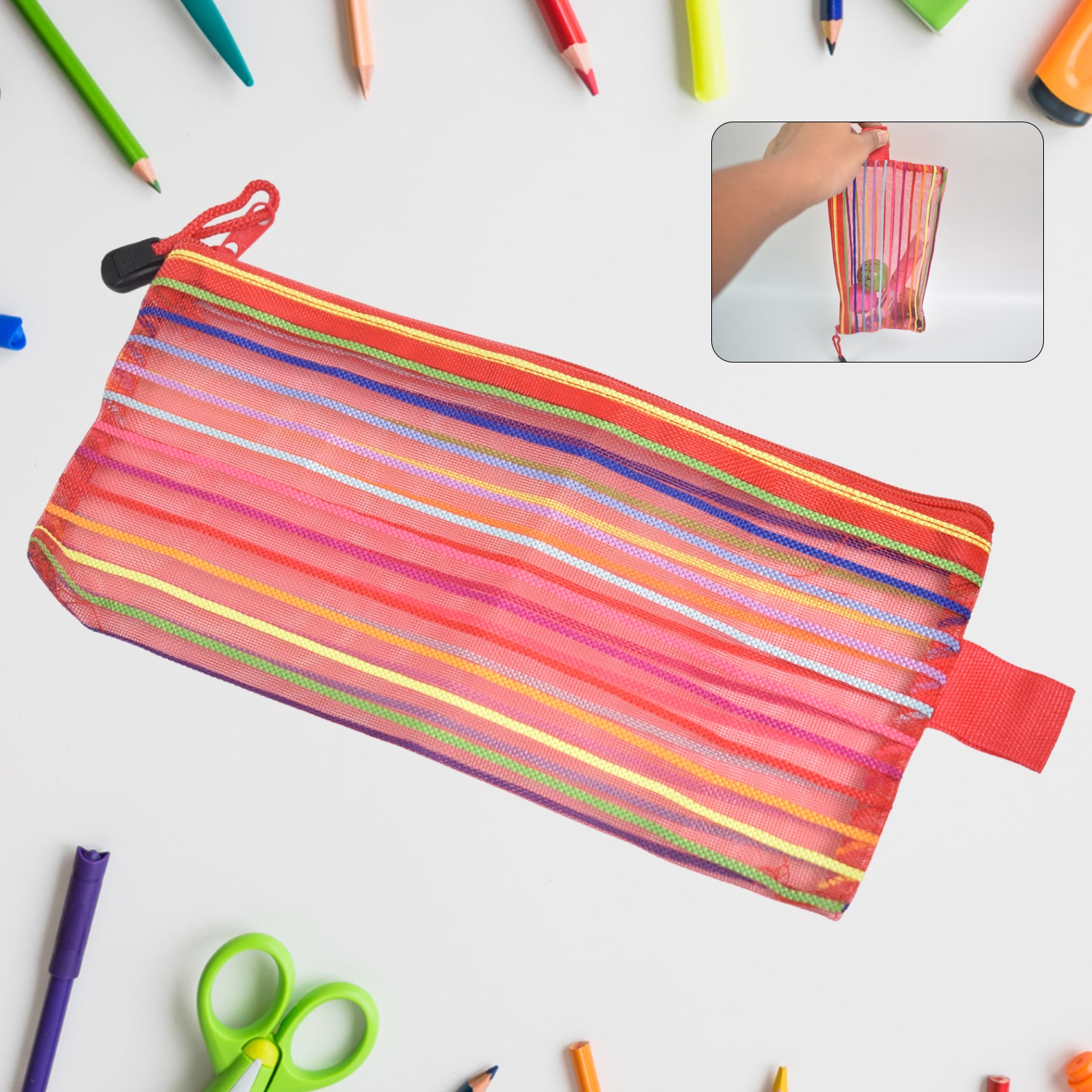 Transparent Nylon Mesh Multipurpose Zipper Pouch for Stationery, Cosmetics, Travel and Storage | Reusable Organizer Bag (Assorted Color, 1 Pc)