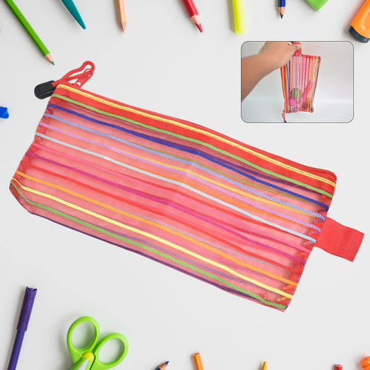 Transparent Nylon Mesh Multipurpose Zipper Pouch for Stationery, Cosmetics, Travel and Storage | Reusable Organizer Bag (Assorted Color, 1 Pc)