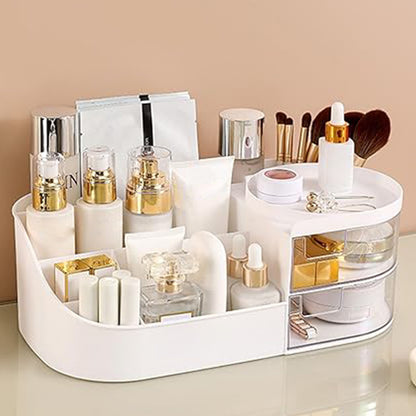 Multi Functional Vanity Storage Box with Rotating Organizer Tray and Dual Transparent Drawers Makeup Cosmetic Organizer White (1 Pc)