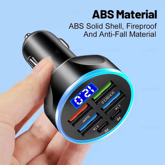 Multi-Port Fast Car Charger for 12V/24V Vehicles | 4-Port USB Car Charger with PD, QC3.0 Fast Charging, LED Ring & Smart Multi-Protection Adapter (1 Pc)