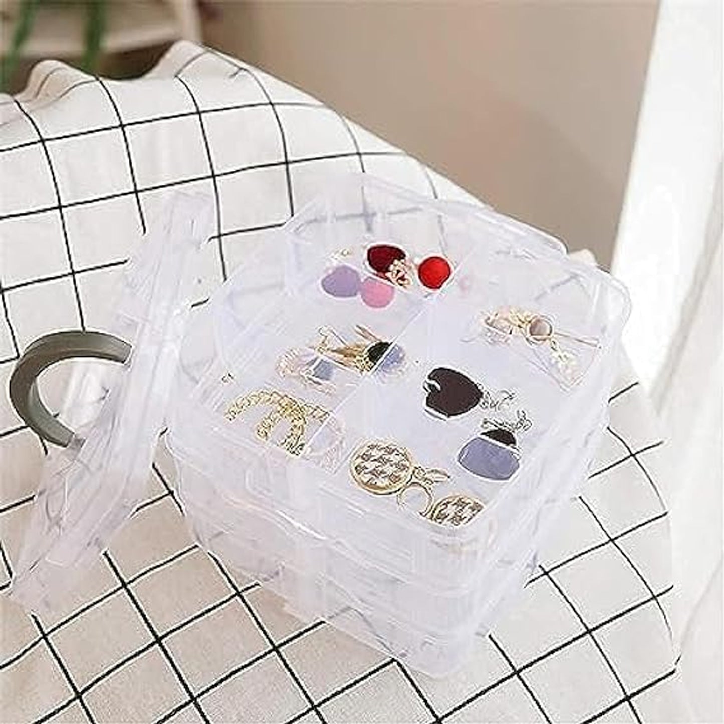 3 Tier Transparent Stackable Craft Storage Box | 18 Adjustable Compartments Plastic Organizer for Jewellery, Beads, Makeup, Nail Art, Sewing Accessories and DIY Supplies
