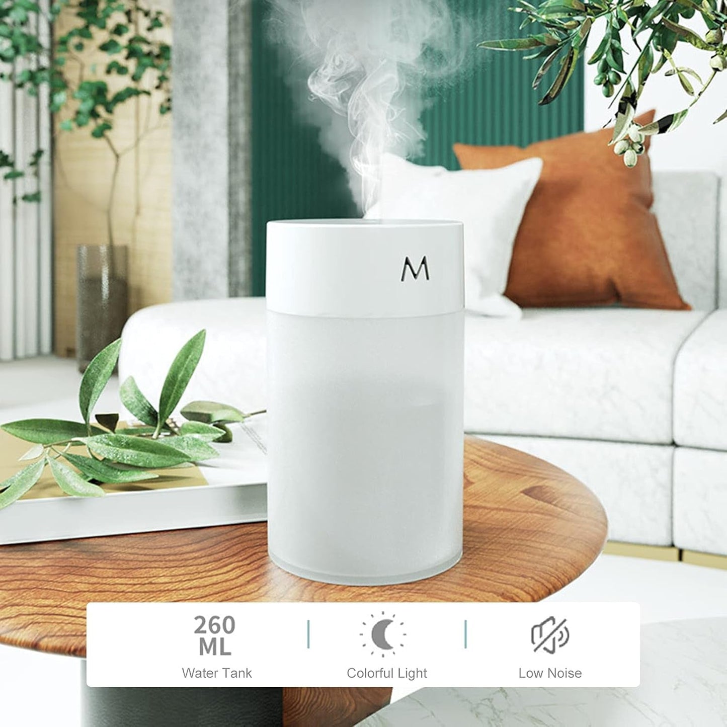 Mini Portable USB Humidifier Desktop Cool Mist Air Humidifier with Night Light Quiet Ultrasonic Mist Maker for Home, Office, Bedroom, Car and Travel (1 Pc)