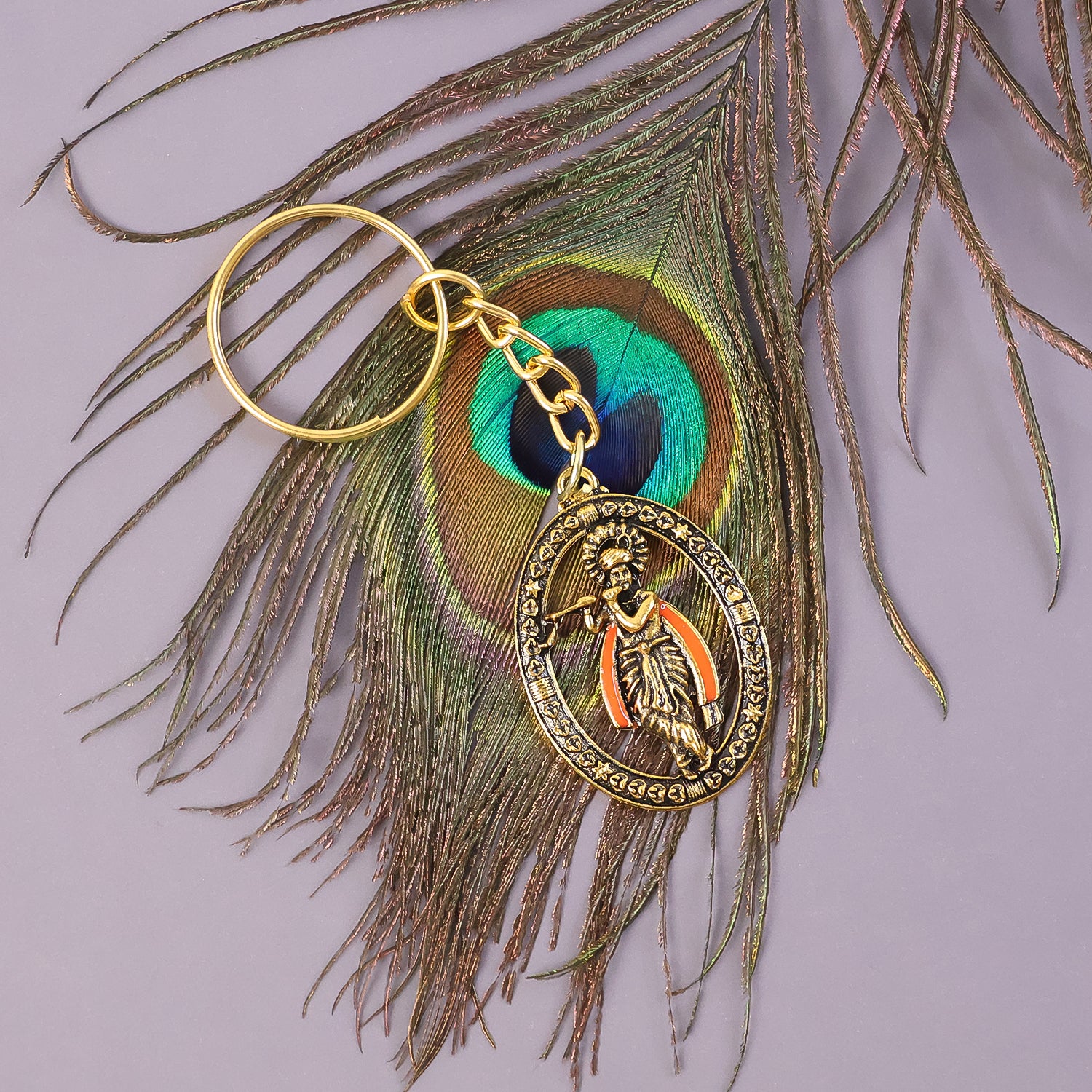 Metal Traditional Decorative Lord Krishna Keychain with Antique-Finish Oval Frame, Premium Religious Key Ring for Keys, Bags, Vehicles &; Gifting (1 Pc)