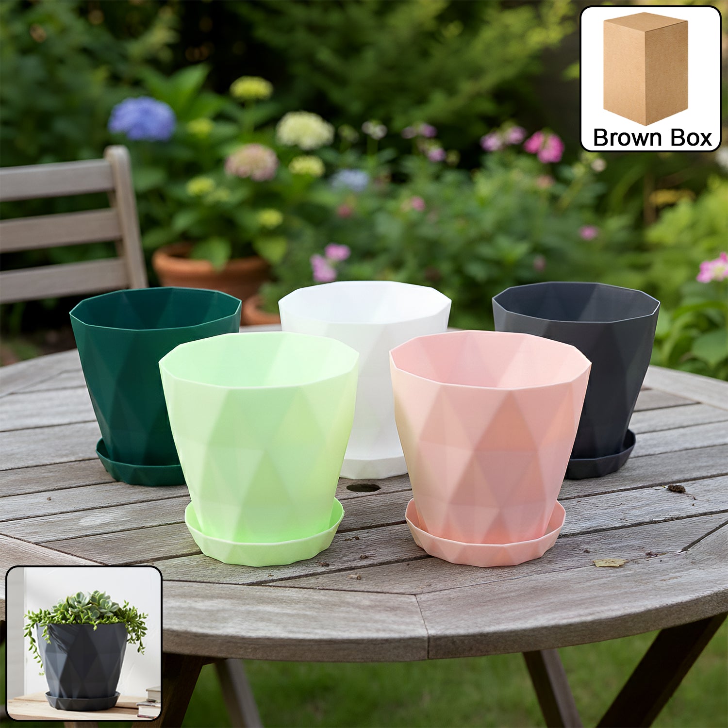 Diamond Design Plastic Flower Pot Set with Drain Tray – Decorative Multipurpose Plant Pots for Indoor and Outdoor Gardening (5 Pc Set)