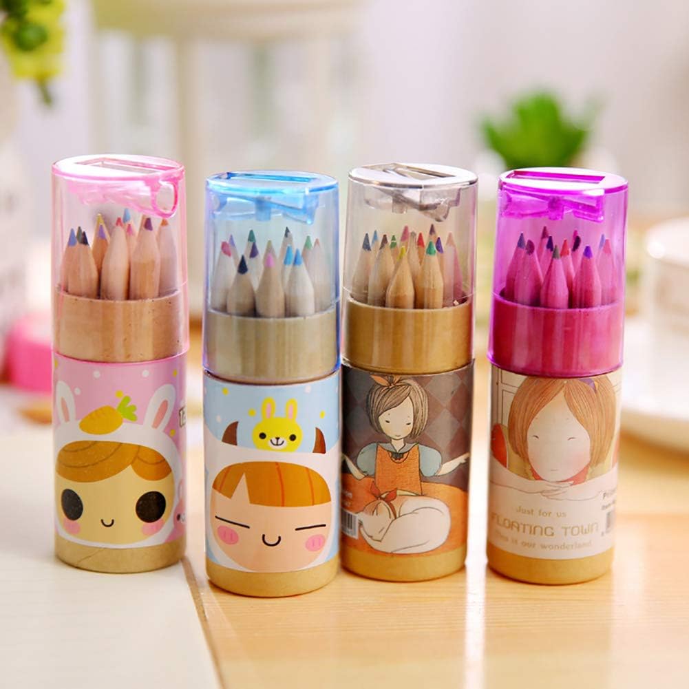 12 Colouring Pencils Kids Set with Built-in Sharpener | Kawaii 3-in-1 Pencil Holder (1 Set) Mini Drawing Colored Pencils
