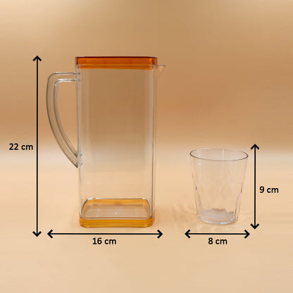 Premium Multi Purpose Square Water and Juice Jug Set 2000ML with 6 Glasses 300ML Each Transparent BPA Free Leak Proof Freezer Safe Unbreakable Jug for Fridge Dining Table