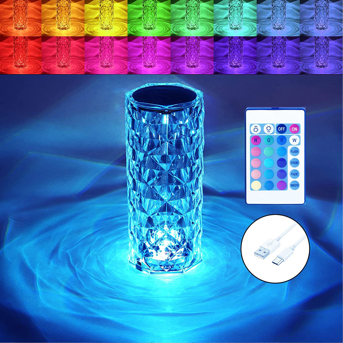 Crystal Touch Night Light (16 Colors) - Rose Diamond Table Lamp With Remote Control