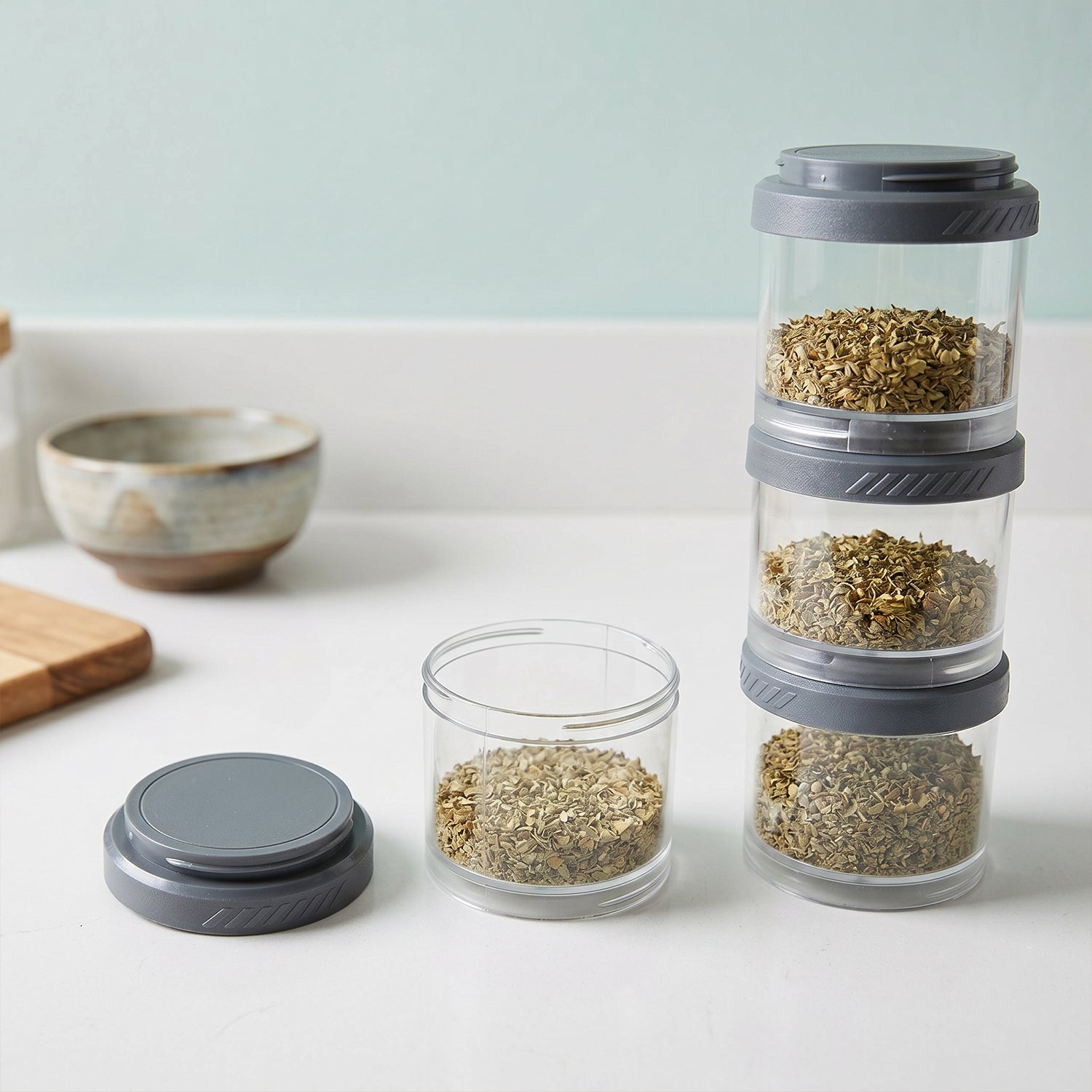 Multipurpose Multi Connecting Stackable Storage Container Set Modular Airtight Transparent Kitchen Jars for Spices Dry Fruits Snacks and Pantry Storage (4 Pc Set)