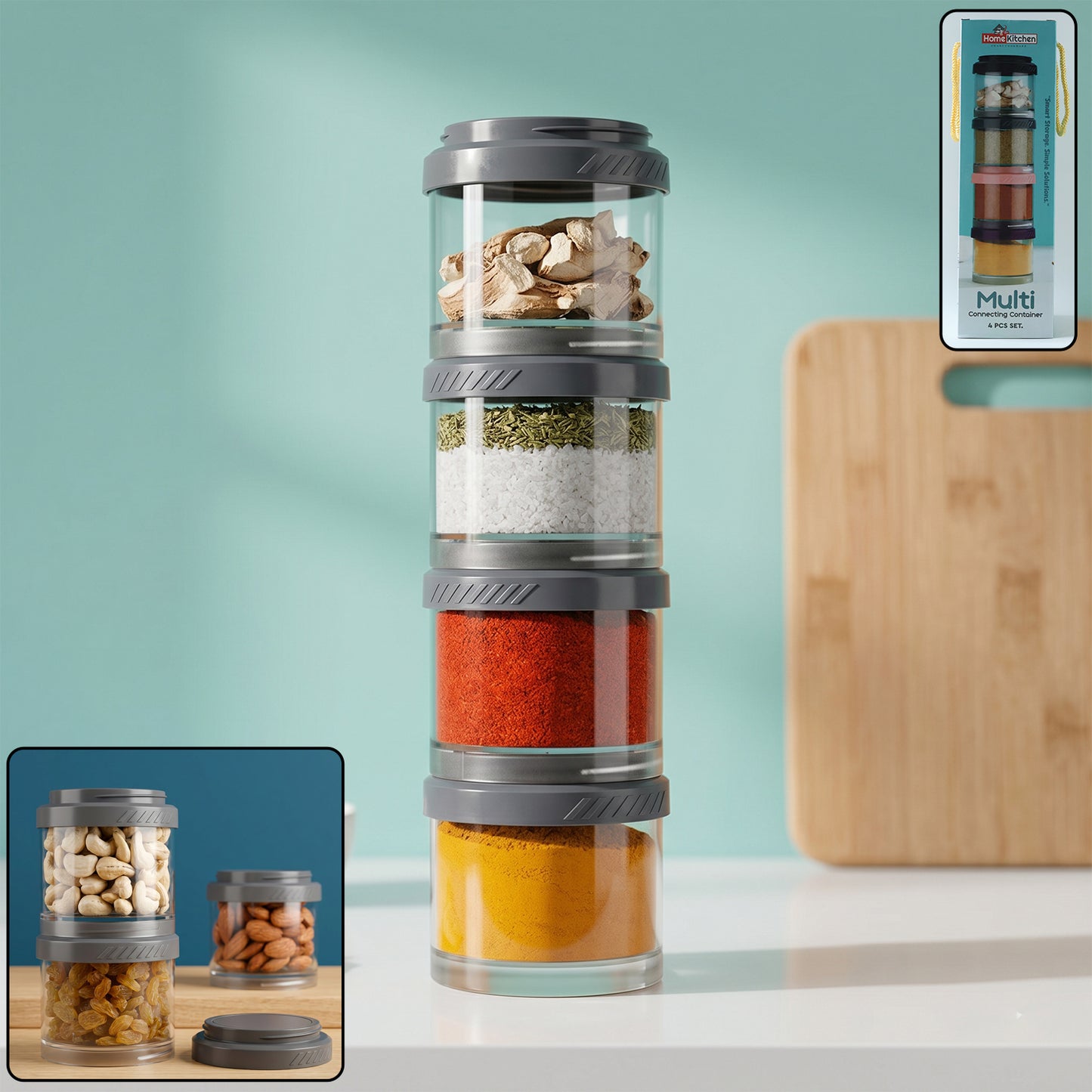 Multipurpose Multi Connecting Stackable Storage Container Set Modular Airtight Transparent Kitchen Jars for Spices Dry Fruits Snacks and Pantry Storage (4 Pc Set)