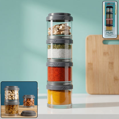 Multipurpose Multi Connecting Stackable Storage Container Set Modular Airtight Transparent Kitchen Jars for Spices Dry Fruits Snacks and Pantry Storage (4 Pc Set)