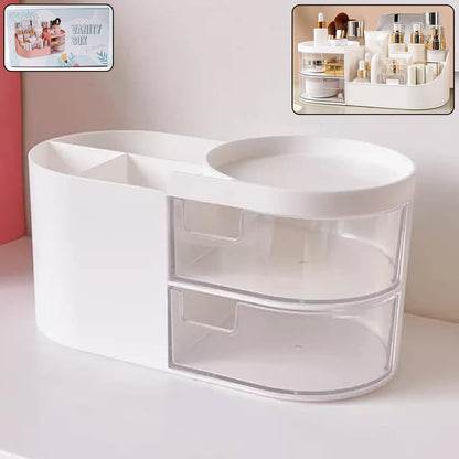Multi Functional Vanity Storage Box with Rotating Organizer Tray and Dual Transparent Drawers Makeup Cosmetic Organizer White (1 Pc)