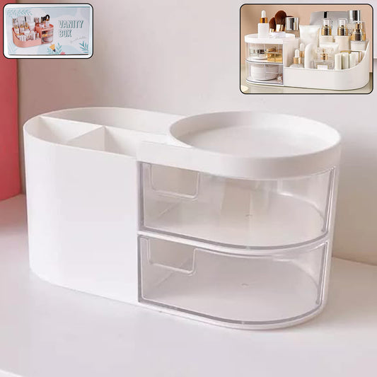 Multi Functional Vanity Storage Box with Rotating Organizer Tray and Dual Transparent Drawers Makeup Cosmetic Organizer White (1 Pc)