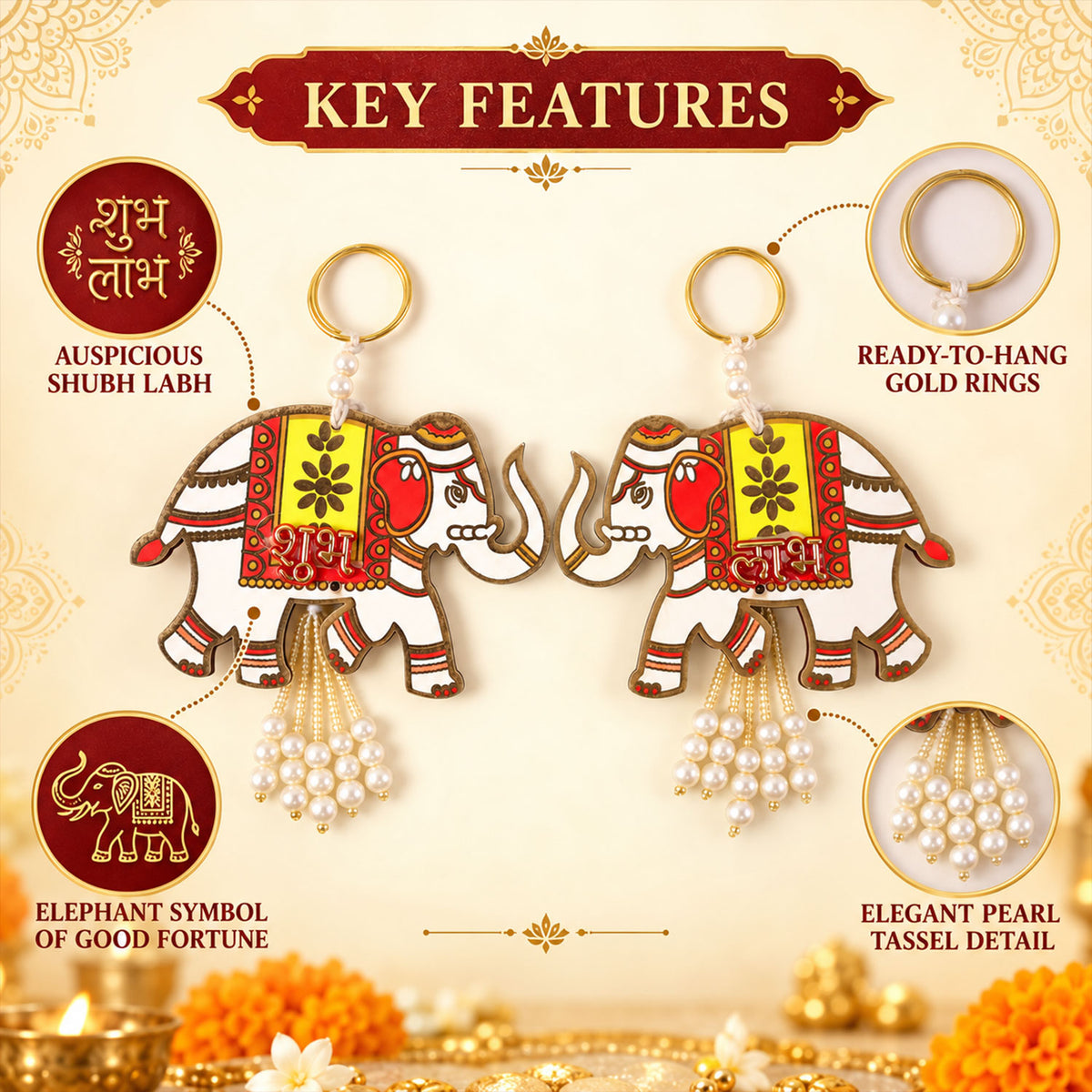 Wooden Elephant Shubh Labh Wall Hanging With Bead Tassels For Door And Festive Decor (2 Pc Set)