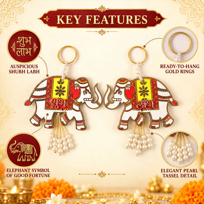 Wooden Elephant Shubh Labh Wall Hanging With Bead Tassels For Door And Festive Decor (2 Pc Set)