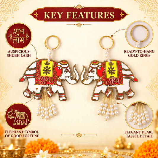 Wooden Elephant Shubh Labh Wall Hanging With Bead Tassels For Door And Festive Decor (2 Pc Set)