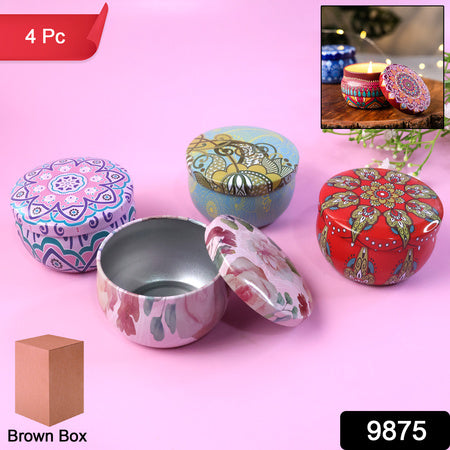 Premium Decorative Mandala Printed Metal Candle Container – Reusable Tin Jars with Lid (Pack of 4)