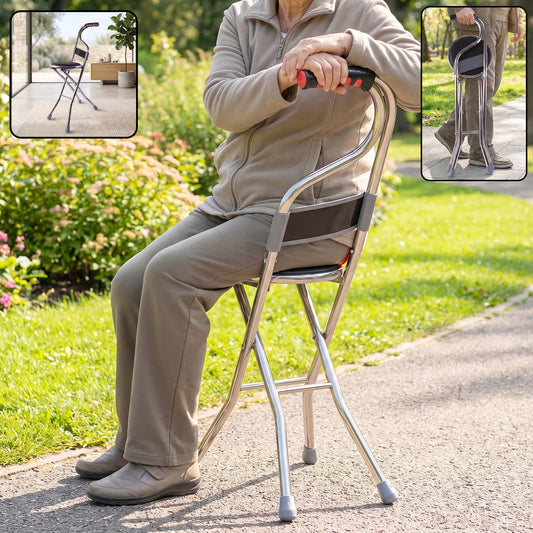 Folding Walking Stick with Seat and Backrest 4 Legged Portable Cane Chair Lightweight Walking Support Stool for Elderly Travel Outdoor Use (1 Pc)