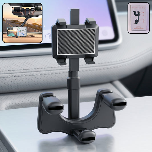 360 Degree Car Rear View Mirror Mobile Phone Holder Adjustable Retractable Smartphone Mount for GPS Navigation and Hands-Free Calling (1 Pc)