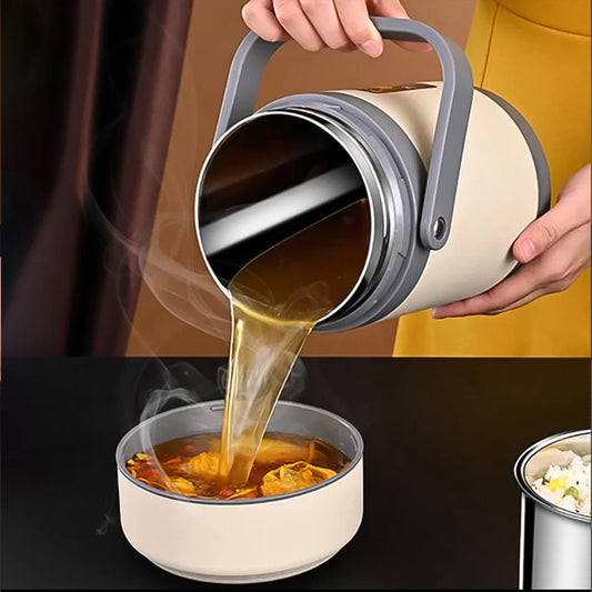 2L Vacuum Pot USB Electric Heated Lunch Box with Stainless Steel Inner Container Food Warmer Thermal Insulated Tiffin with USB Cable and Cutlery for Office School Car and Travel (1 Set)
