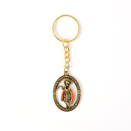 Metal Traditional Decorative Lord Krishna Keychain with Antique-Finish Oval Frame, Premium Religious Key Ring for Keys, Bags, Vehicles &; Gifting (1 Pc)