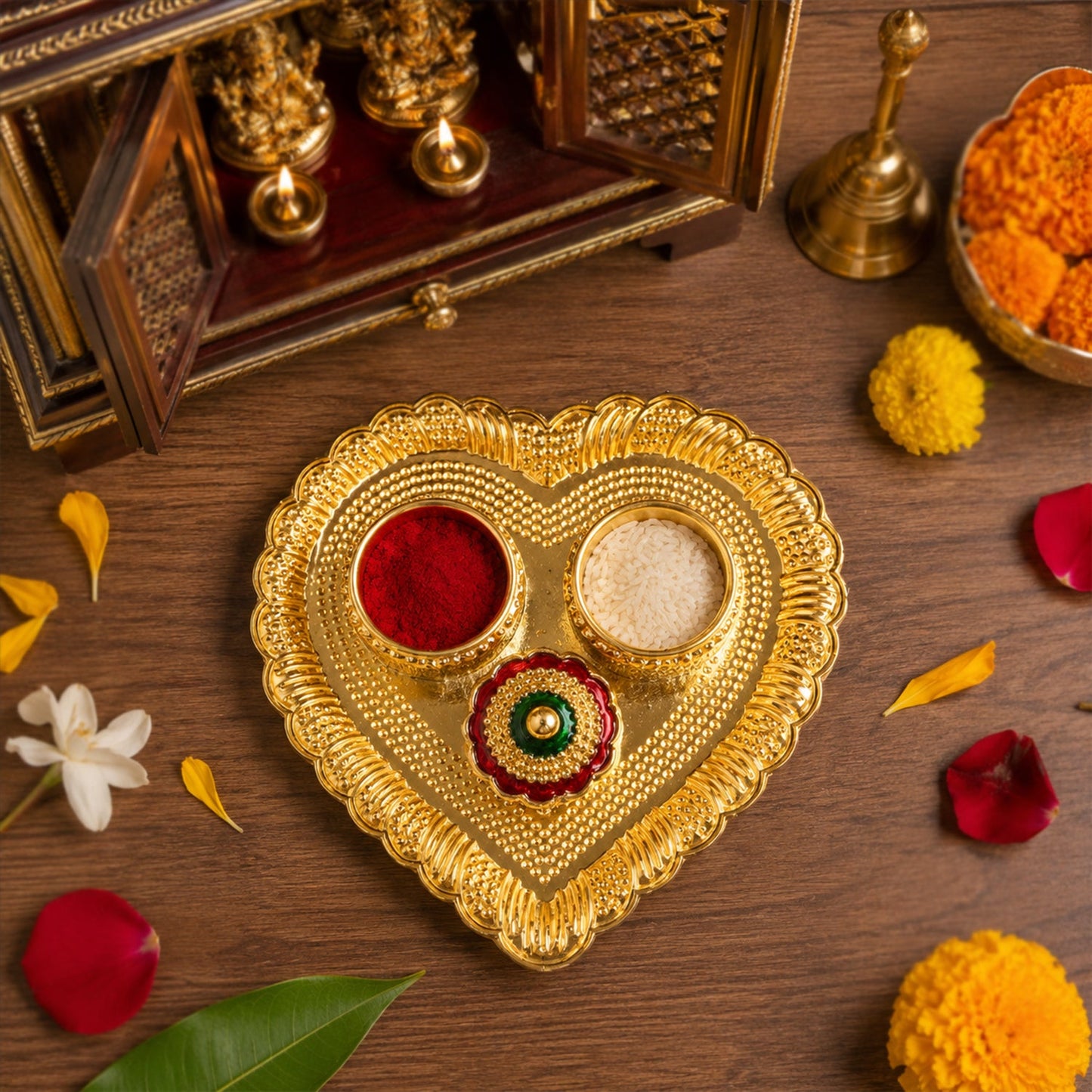 Heart Shape Kumkum Holder with Meenakari Lid Golden Metal Double Compartment Pooja Box for Kumkum Haldi Roli Chandan and Akshat (1 Pc)
