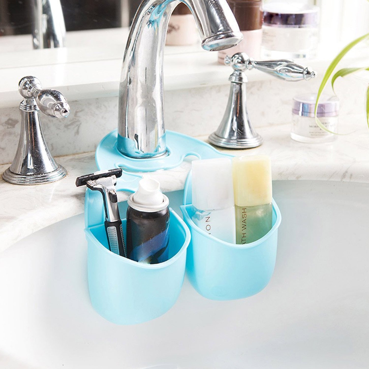 Double Layer Sink Hanging Storage Basket – Flexible Faucet Hanging Organizer for Kitchen and Bathroom – Dual Compartment Drain Basket – Multipurpose Space Saver Plastic Holder (1 Pc)