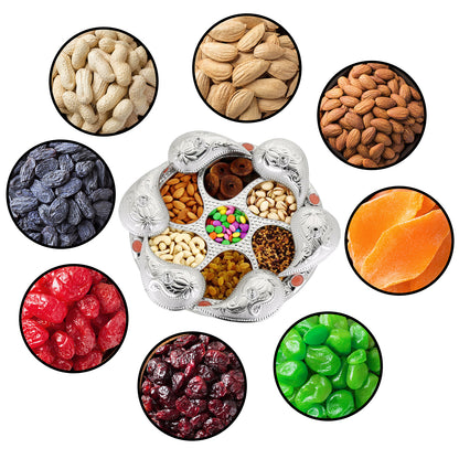 Multipurpose 7 Compartment Rotating Dry Fruit Serving Tray with Lid for Snacks, Candy, Chocolate, Namkeen and Masala Storage (1 Pc)