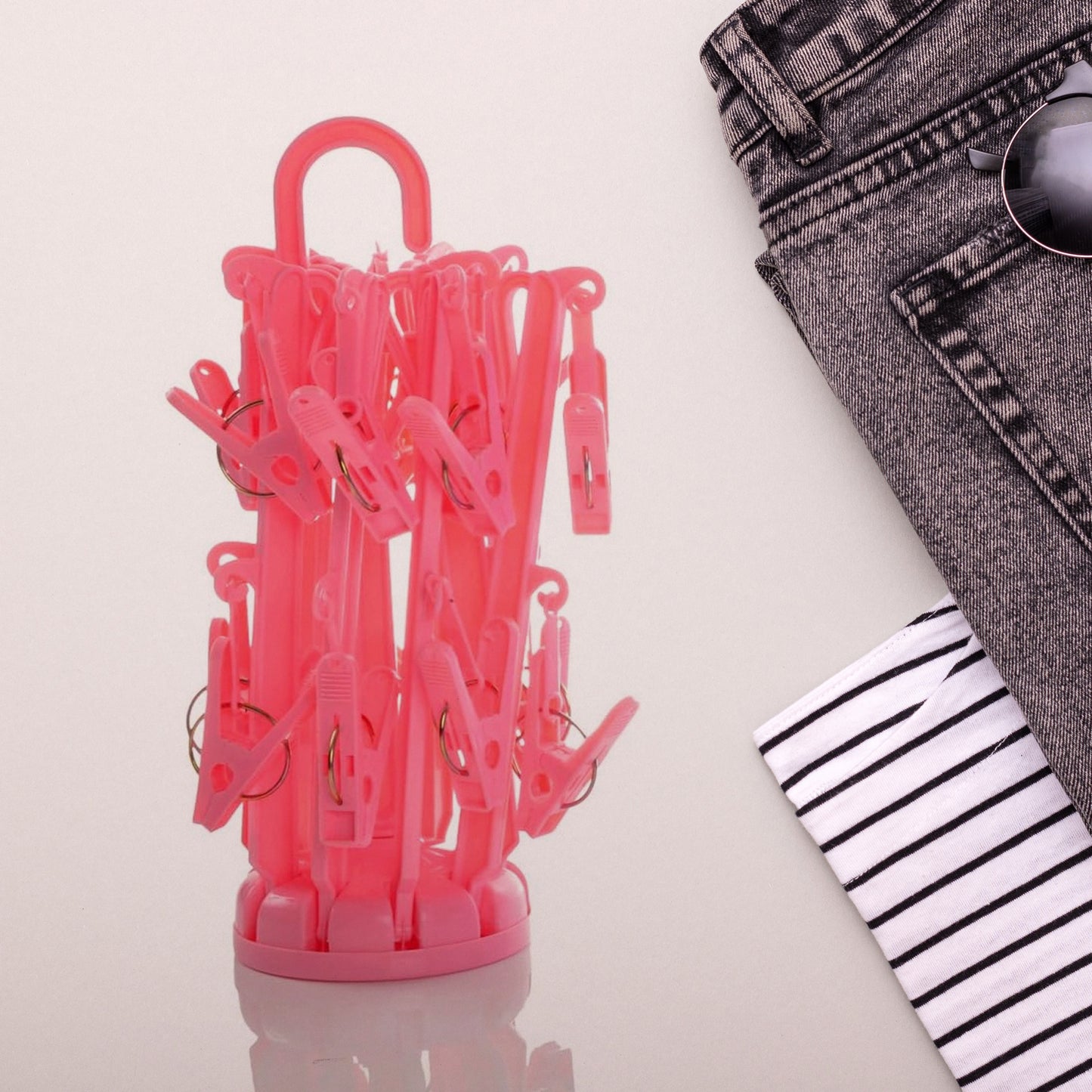 Foldable Plastic Clothes Drying Hanger with 16 Clips Portable Laundry Clip Rack for Underwear Socks Baby Clothes Bras Towels and Travel Use (1 Pc)
