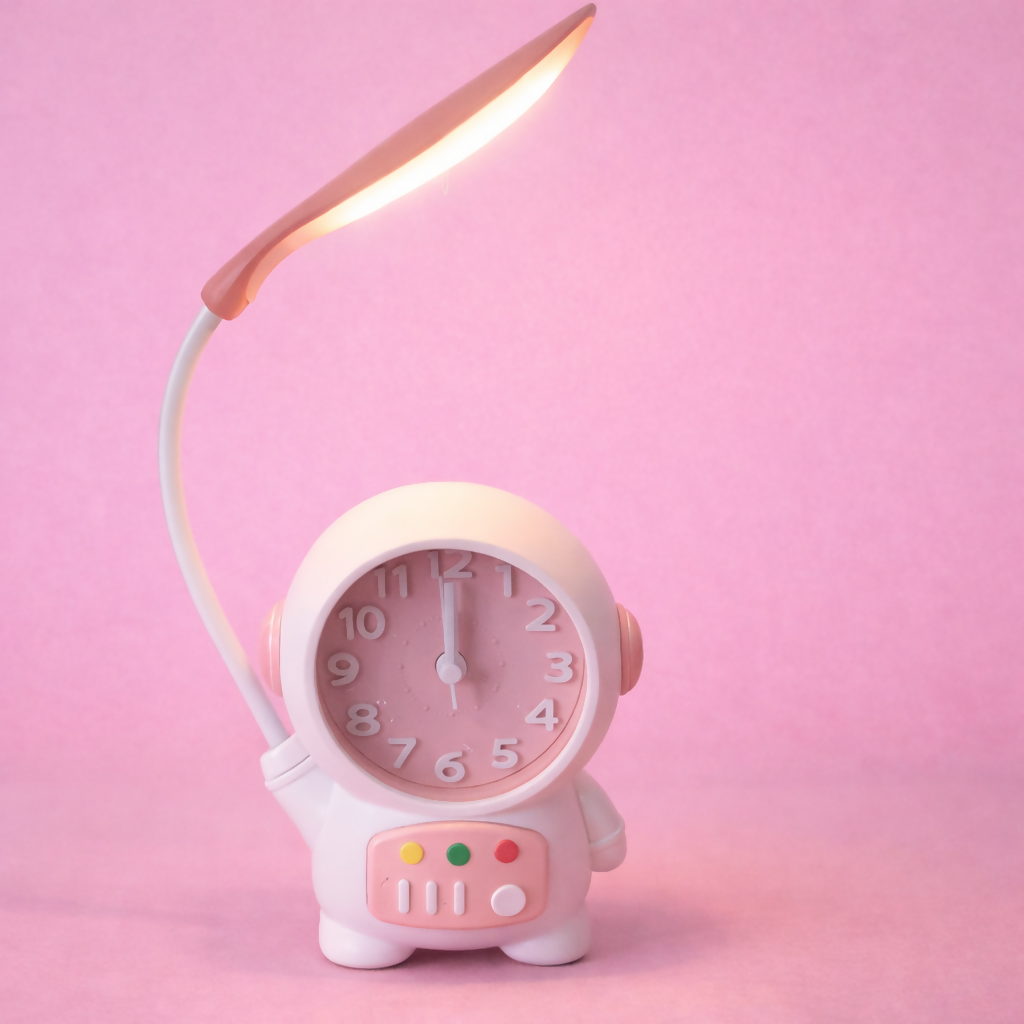Astronaut LED Table Lamp with Built In Clock Flexible Study Desk Light for Kids Bedroom, Study Table and Bedside (1 Pc)