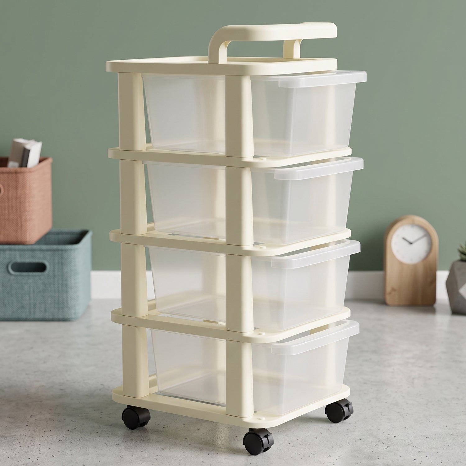 4 Tier Plastic Storage Trolley with Wheels Rolling Drawer Organizer Cart for Kitchen Bathroom Office Craft Supplies and Home Storage (1 Pc)