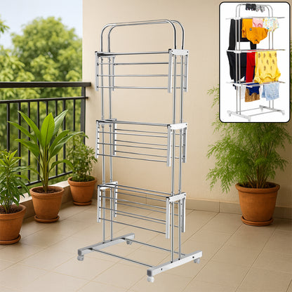 3 Layer Foldable Stainless Steel Cloth Drying Stand with Wheels Heavy Duty Laundry Drying Rack for Clothes Towels Linens Indoor Outdoor Balcony Use (1 Pc)
