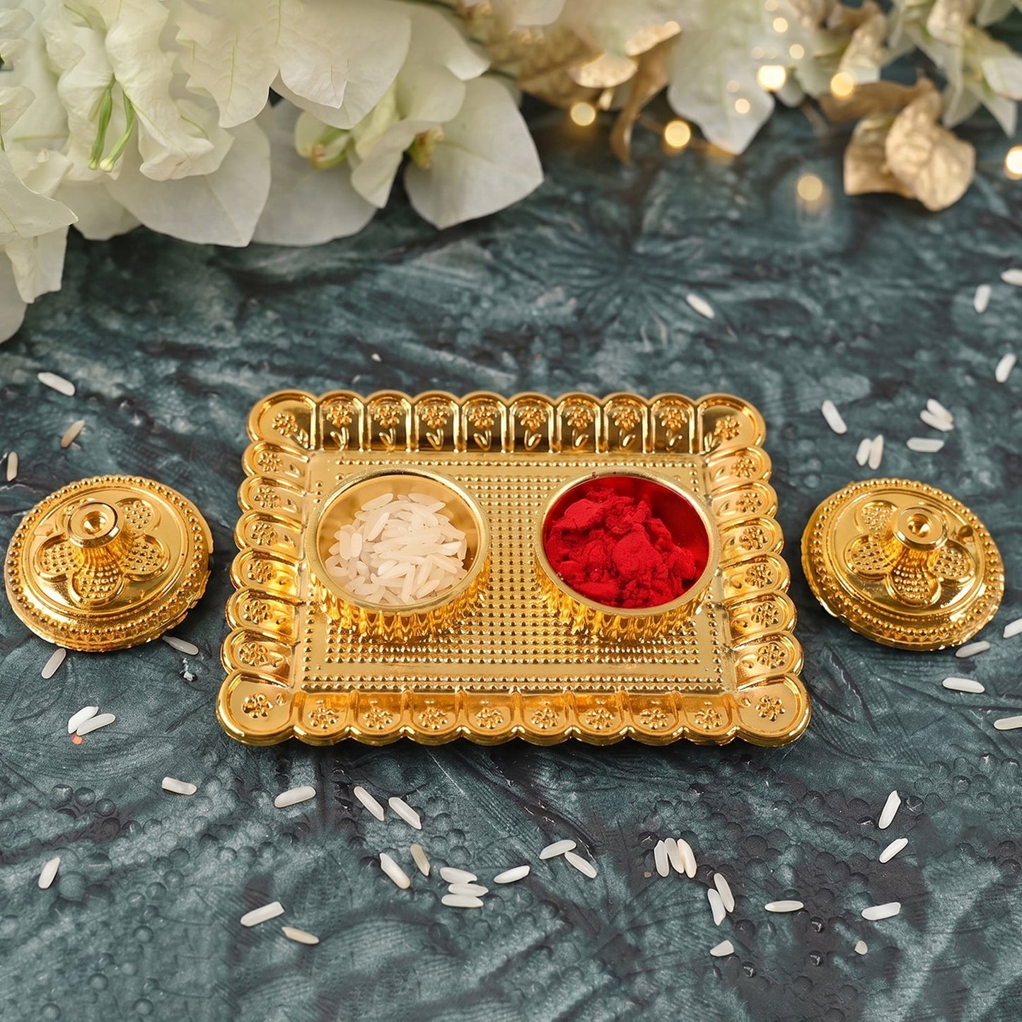 Golden Floral Kumkum Holder Square Metal Double Compartment Pooja Box for Kumkum Haldi Roli Chandan and Akshat (1 Pc)