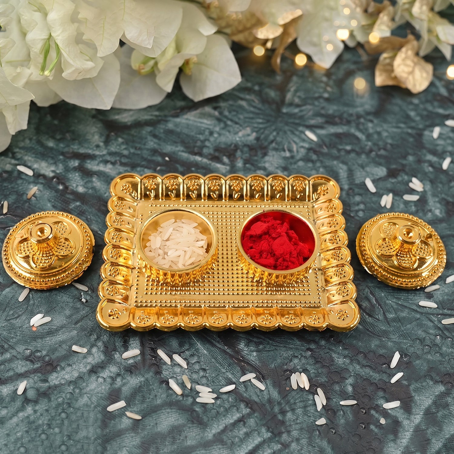 Golden Floral Kumkum Holder Square Metal Double Compartment Pooja Box for Kumkum Haldi Roli Chandan and Akshat (1 Pc)