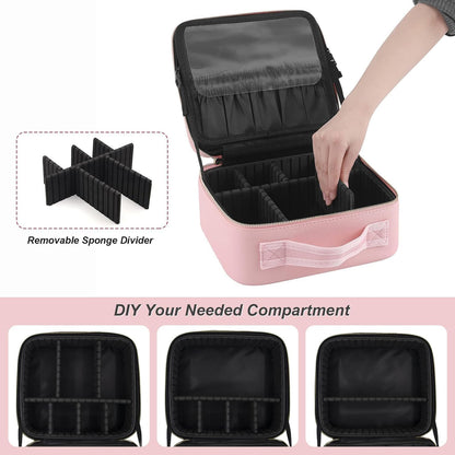Premium LED Light Makeup Organizer Box with Touch Sensor Mirror USB Rechargeable Cosmetic Storage Case Adjustable Compartments Travel Makeup Bag with Brush Pouch (1 Pc)