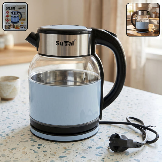 Electric Glass Kettle 2 Litre Transparent Glass Body Stainless Steel Water Boiler with 360 Degree Swivel Base for Tea, Coffee, Milk and Hot Water (1 Pc)
