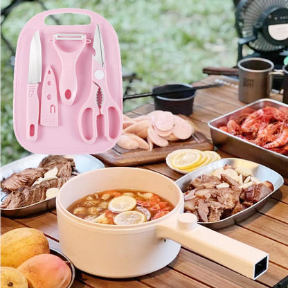 Mini Travel Cutting Board Set 4 Pieces Portable Camping Kitchen Knife Peeler Scissors and Chopping Board Set for Travel and Outdoor Use