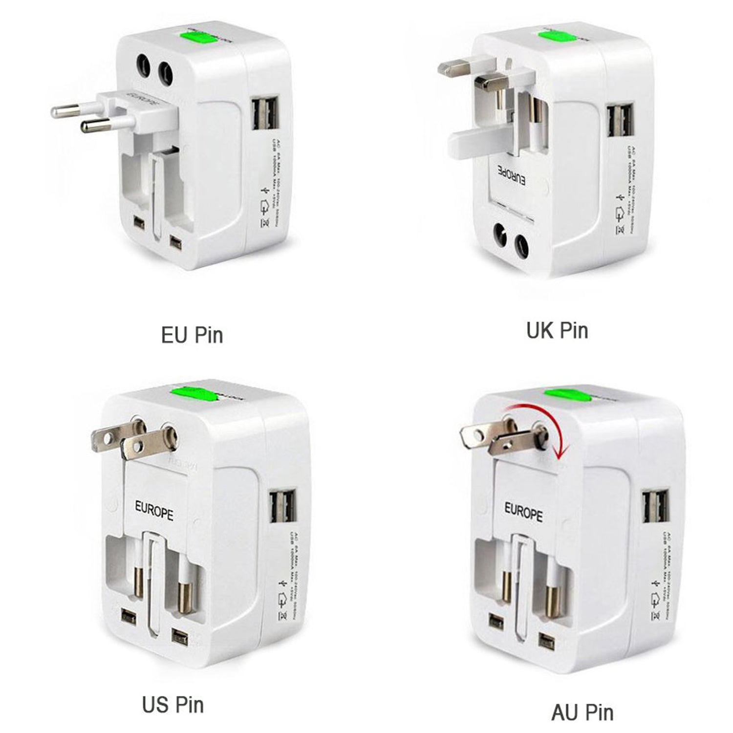 Universal Worldwide Travel Adapter International Power Plug Converter with USB Charging AU UK US EU Multi Plug Adapter (1 Pc)