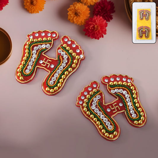 Decorative Lakshmi Charan Paduka Sticker Set with Bead and Stone Work for Diwali, Pooja, Home, Temple, Floor and Wall Decoration Pack of 2