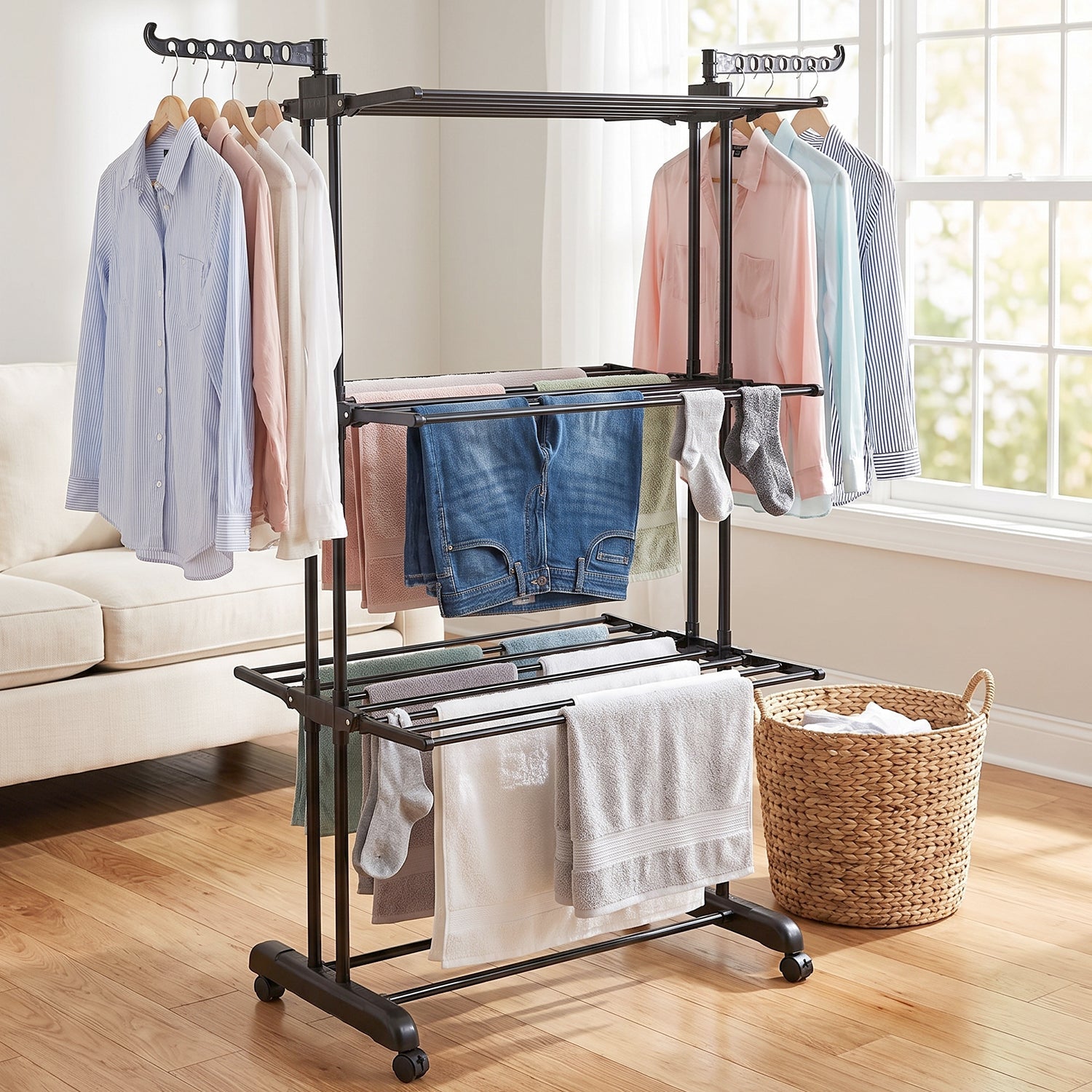 Metal Expandable Garment Rack 3 Layer Cloth Drying Stand with Wheels Foldable Laundry Rack Side Hangers for Indoor Outdoor Balcony Home (1 Pc)