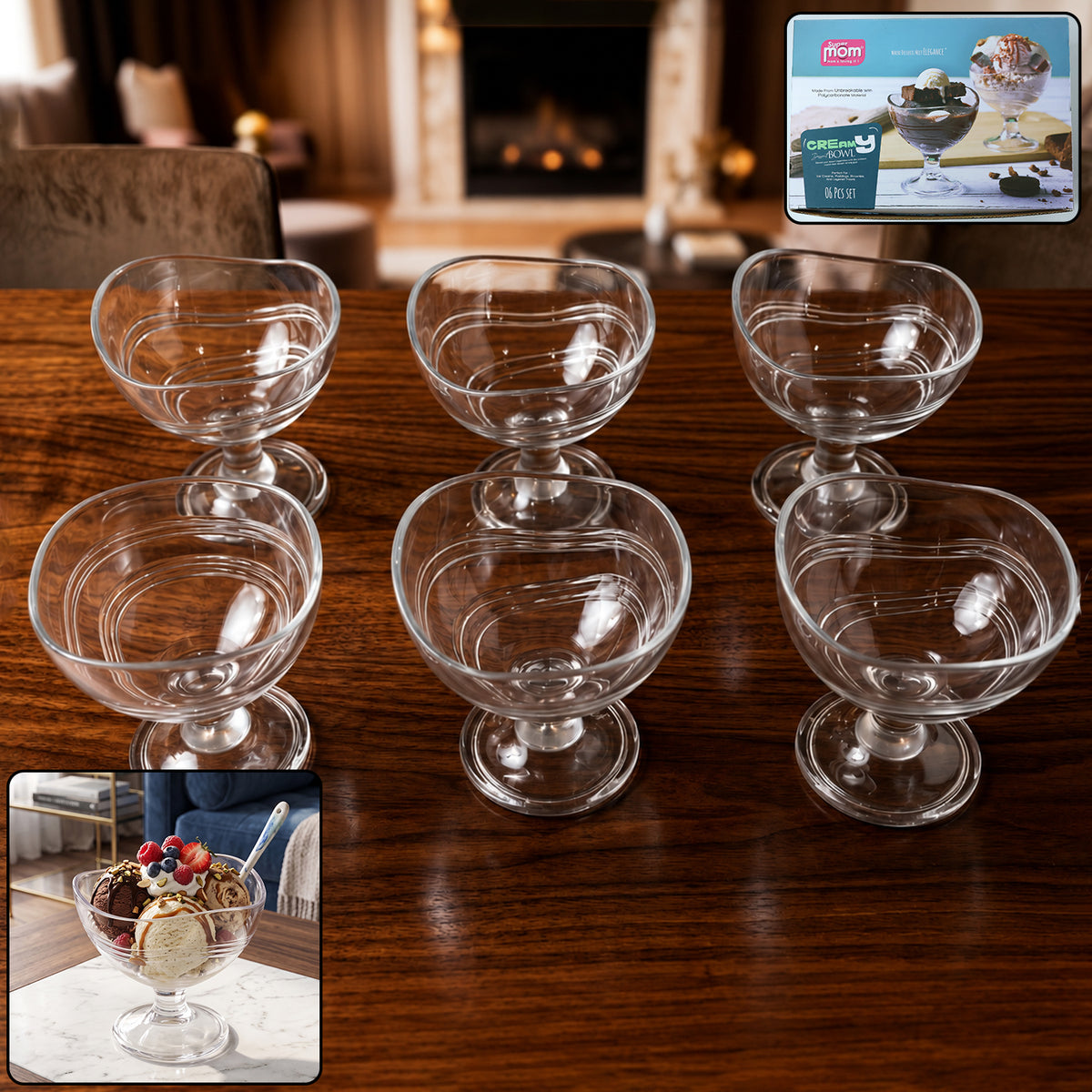 Supermom Creamy Dessert Bowl, Unbreakable Polycarbonate Ice Cream Cups with Stem, Transparent Pedestal Dessert Glasses for Party Serving
