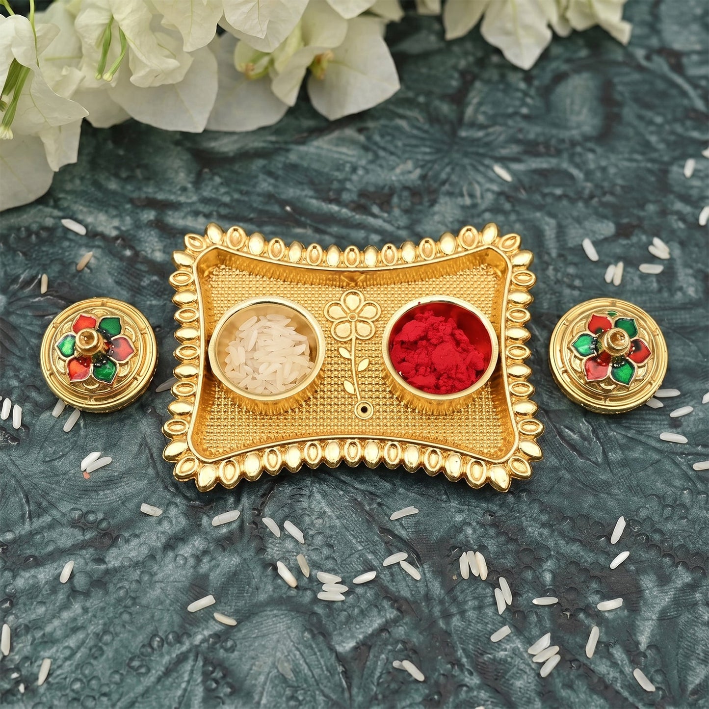 Meenakari Kumkum Holder Golden Metal Double Compartment Pooja Box with Floral Lid for Kumkum Haldi Roli Chandan and Akshat (1 Pc)