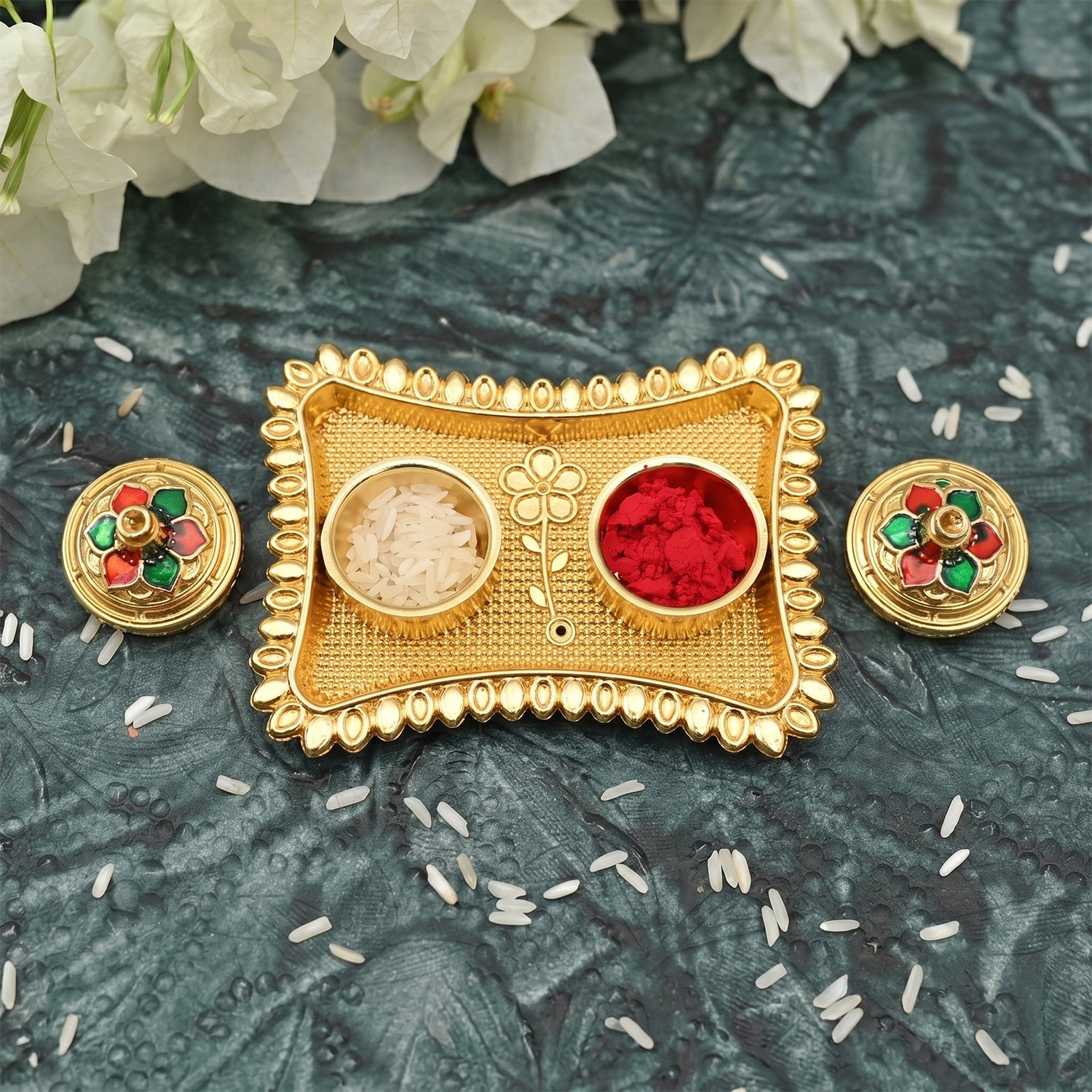 Meenakari Kumkum Holder Golden Metal Double Compartment Pooja Box with Floral Lid for Kumkum Haldi Roli Chandan and Akshat (1 Pc)