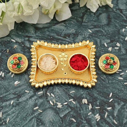 Meenakari Kumkum Holder Golden Metal Double Compartment Pooja Box with Floral Lid for Kumkum Haldi Roli Chandan and Akshat (1 Pc)