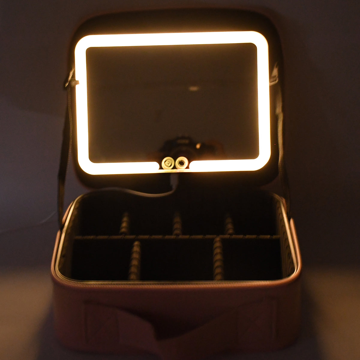 Premium LED Light Makeup Organizer Box with Touch Sensor Mirror USB Rechargeable Cosmetic Storage Case Adjustable Compartments Travel Makeup Bag with Brush Pouch (1 Pc)